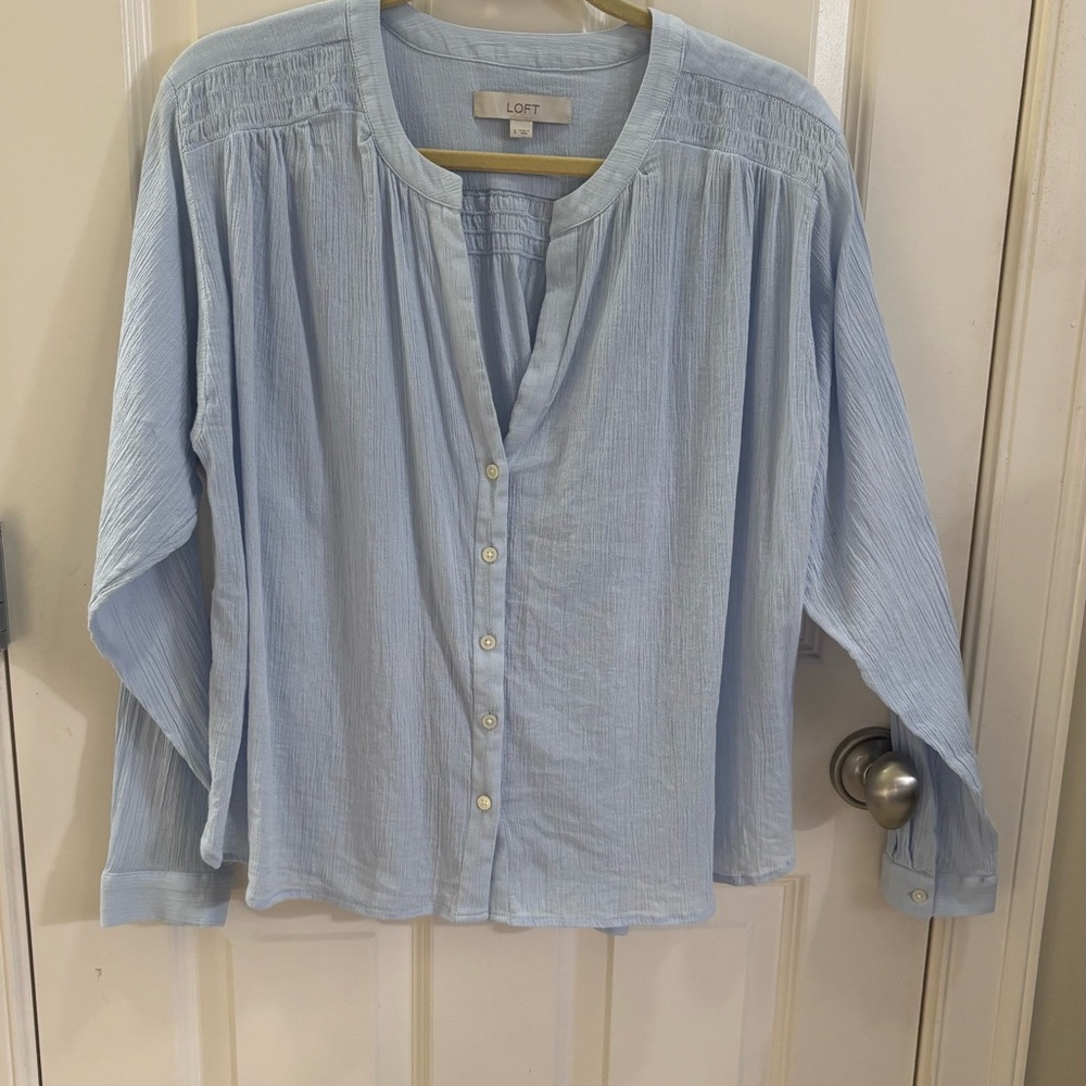 LOFT Blue Relaxed Blouse with Mandarin Collar
